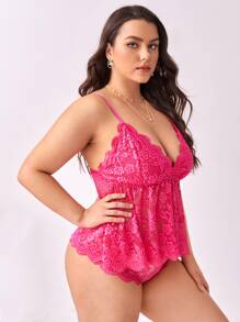 Plus Floral Lace Scallop Trim Lingerie Set - Hot Pink - View 3
