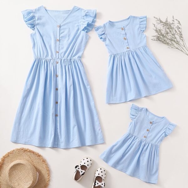 

Button Front Ruffle A-line Dress, Baby blue