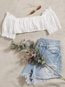 SHEIN Áo nữ Xù màu trơn Boho - trắng - Xem 1