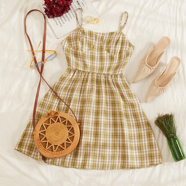 

Plaid Bustier Cami Dress, Khaki