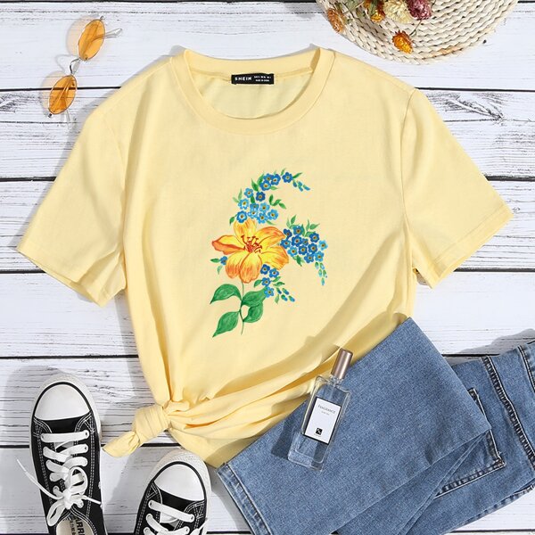 

Floral Print Round Neck Tee, Yellow