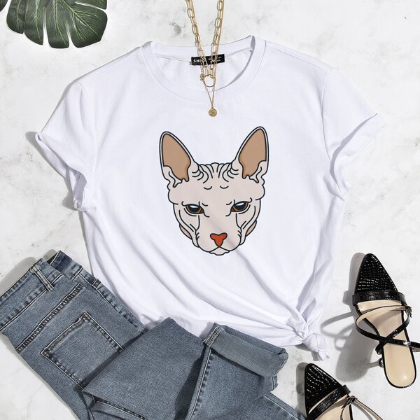 

Cat Print Round Neck Tee, White