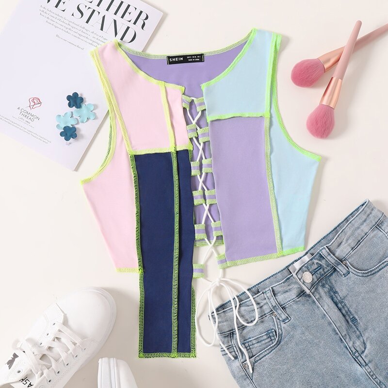 

Color Block Lace Up Front Tank Top, Multicolor