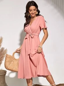 Flutter Sleeve Belted Dress - Baby Pink - View 1