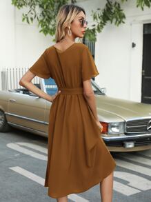 Flutter Sleeve Belted Dress - Coffee Brown - View 2
