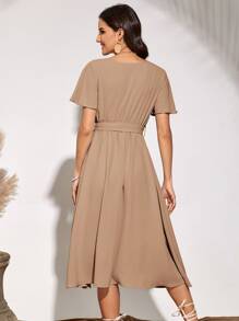 SHEIN Unity Flutter Sleeve Belted Dress - Khaki - View 2