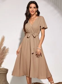 SHEIN Unity Flutter Sleeve Belted Dress - Khaki - View 3