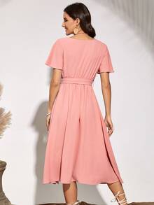 Flutter Sleeve Belted Dress - Baby Pink - View 2