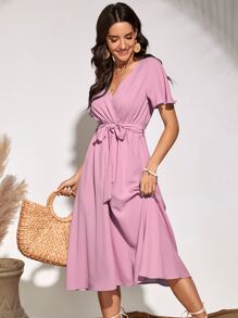 Flutter Sleeve Belted Dress - Lilac Purple - View 1