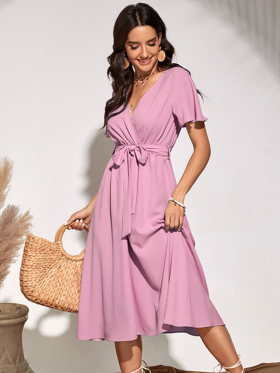 Flutter Sleeve Belted Dress - Lilac Purple - View 1