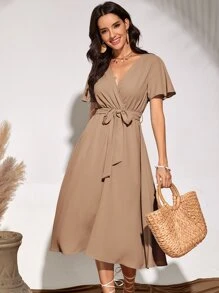 SHEIN Unity Flutter Sleeve Belted Dress - Khaki - View 4