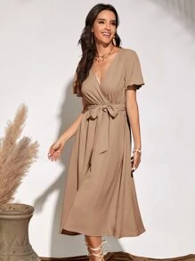 SHEIN Unity Flutter Sleeve Belted Dress - Khaki - View 5