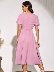 Flutter Sleeve Belted Dress - Lilac Purple - View 2