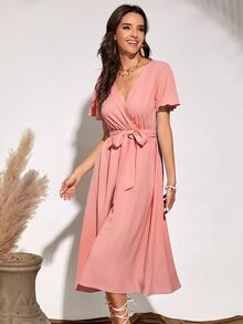 Flutter Sleeve Belted Dress - Baby Pink - View 4