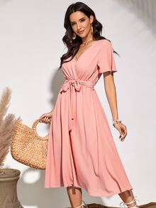 Flutter Sleeve Belted Dress - Baby Pink - View 5