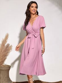 Flutter Sleeve Belted Dress - Lilac Purple - View 3