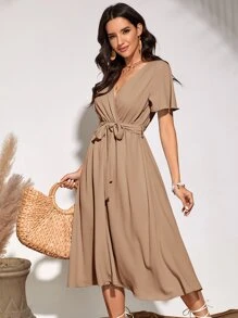 SHEIN Unity Flutter Sleeve Belted Dress - Khaki - View 6