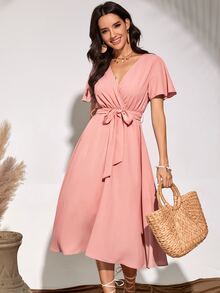 Flutter Sleeve Belted Dress - Baby Pink - View 6