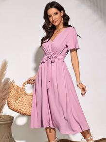 Flutter Sleeve Belted Dress - Lilac Purple - View 5