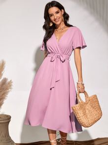 Flutter Sleeve Belted Dress - Lilac Purple - View 6
