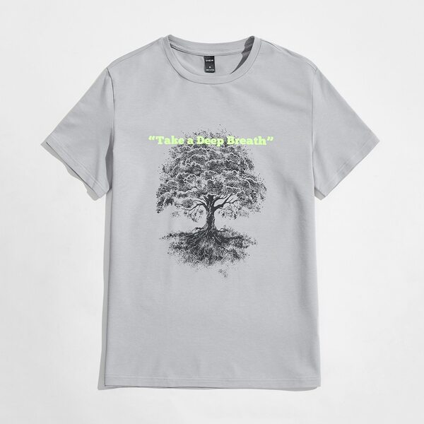 

Men Tree & Slogan Graphic Tee, Light grey