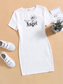 SHEIN 少女天使與字母圖案連身裙