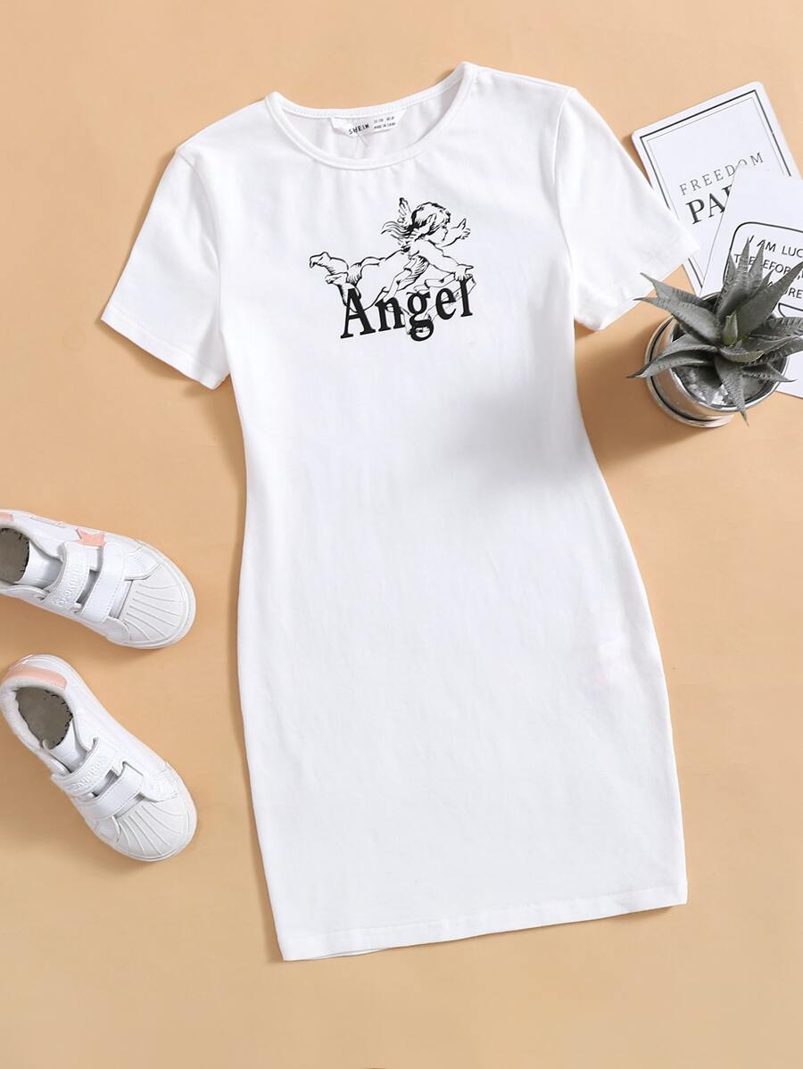 SHEIN 少女天使與字母圖案連身裙