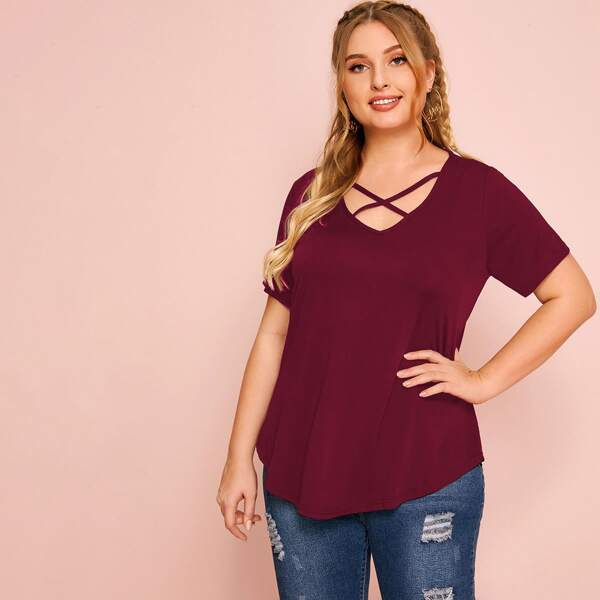 

Plus Criss Cross Solid Tee, Burgundy
