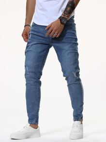 Manfinity Homme 男士破洞水洗錐形牛仔褲 - 中等水洗藍 - 查看 5