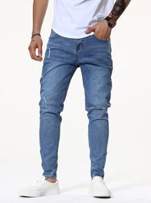 Manfinity Homme 男士破洞水洗錐形牛仔褲 - 中等水洗藍 - 查看 7