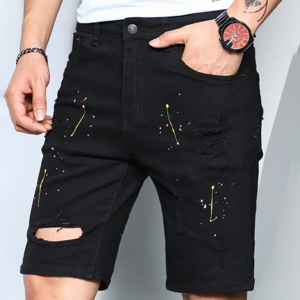 

Men Destroyed Splash Ink Denim Shorts, Black