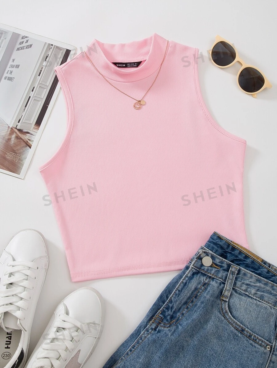 Breezaya Tank top tejido de canalé de cuello alto - Rosa Pálido - Ver 1