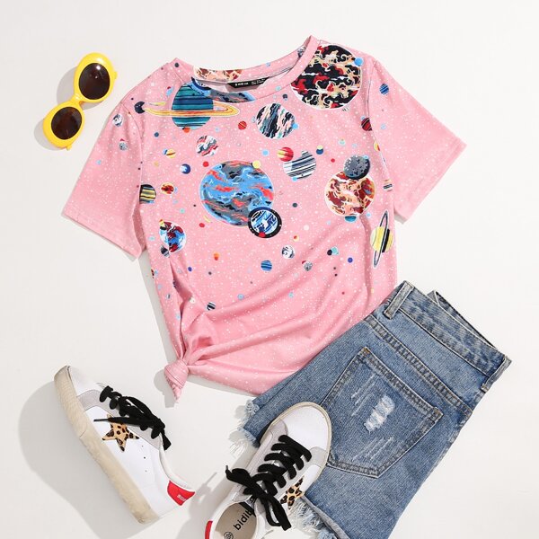 

Galaxy Print Round Neck Tee, Baby pink