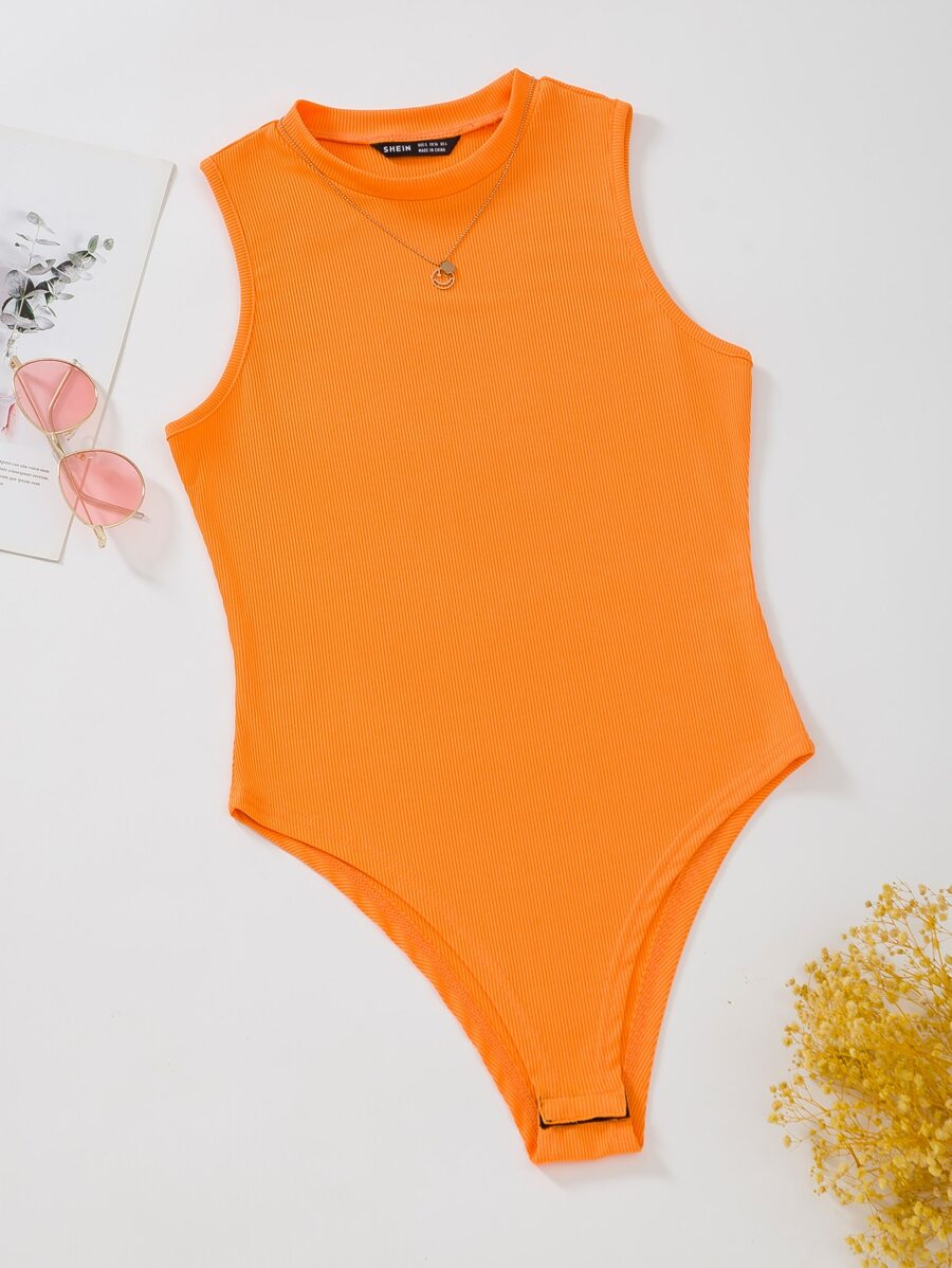 Chiquease Solid Color Sleeveless Ribbed Bodysuit Perfect For Summer Beach Wear - Orange - View 1