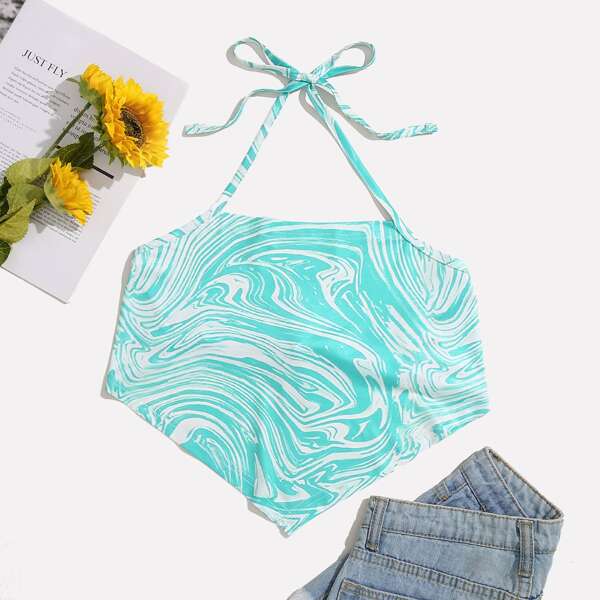 

Graphic Print Bandana Crop Halter Top, Mint blue