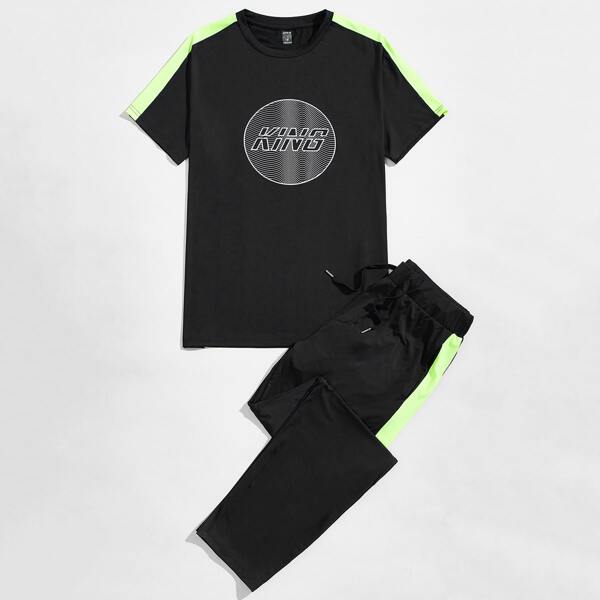 

Men Letter Graphic Neon Panel Side Top & Pants Set, Black