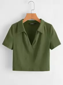 SHEIN EZwear Collared V-neck Rib-knit Tee - Army Green - View 2