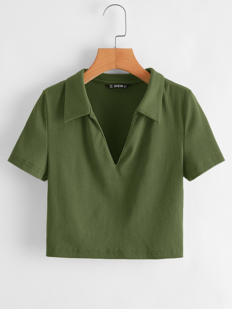 SHEIN EZwear Collared V-neck Rib-knit Tee