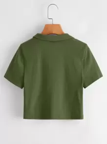 SHEIN EZwear Collared V-neck Rib-knit Tee - Army Green - View 3