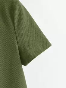 SHEIN EZwear Collared V-neck Rib-knit Tee - Army Green - View 4