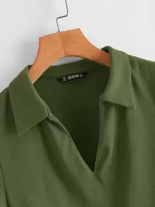 SHEIN EZwear Collared V-neck Rib-knit Tee - Army Green - View 5