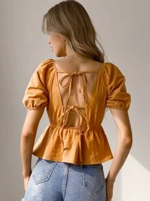 SHEIN Essnce Áo nữ Viên lá sen màu trơn Gợi cảm - Màu Mù tạt vàng - Xem 2