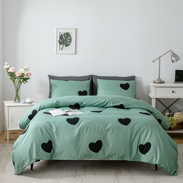 

Heart Print Duvet Cover Set Without Filler, Green