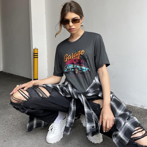 

Drop Shoulder Letter & Tropical Print Tee, Dark grey