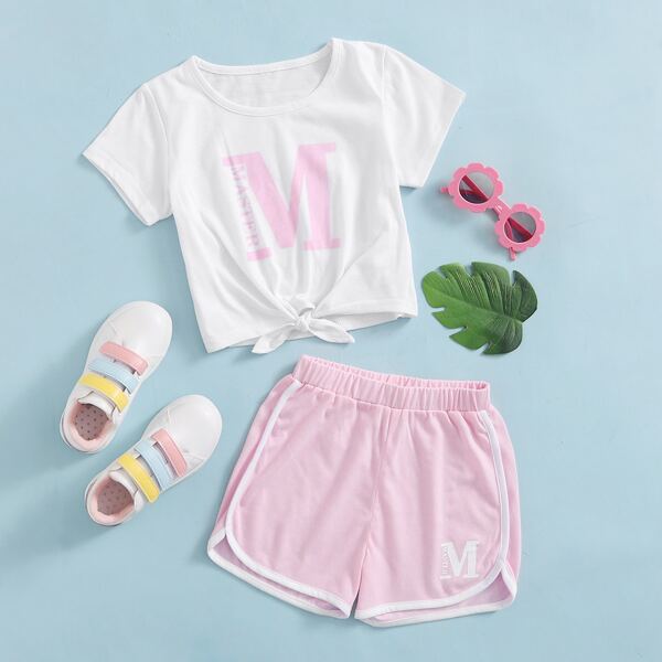 

Toddler Girls Letter Graphic Knot Hem Tee With Contrast Binding Shorts, Multicolor