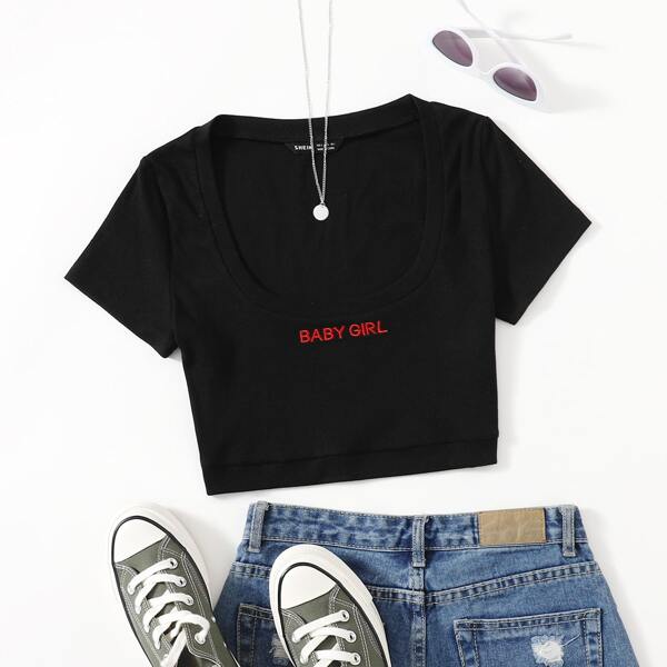 

Letter Embroidery Scoop Neck Crop Tee, Black