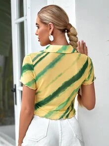 Tie Dye Lettuce Trim Crop Shirt - Yellow - View 2