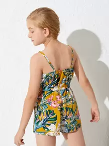 SHEIN 女孩繫帶熱帶圖案吊帶連身短褲 - 彩色 - 查看 2