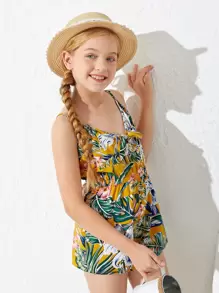 SHEIN 女孩繫帶熱帶圖案吊帶連身短褲 - 彩色 - 查看 4