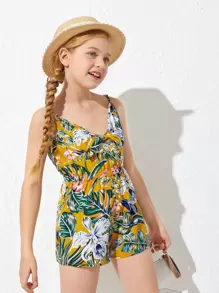 SHEIN 女孩繫帶熱帶圖案吊帶連身短褲 - 彩色 - 查看 5